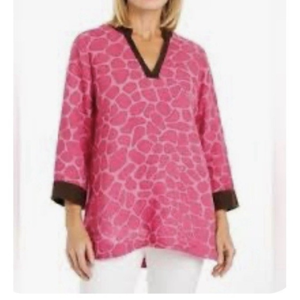 Lilly Pulitzer Linen Tribal Tunic Top Pink Animal Print Logo L Beach Vacation